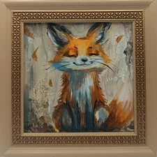 Original oil painting Fox Naive art Artist's signature Size 4*4 inches