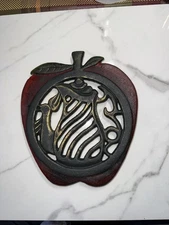 Vtg Farmhouse Cast Iron Cutout Red Apple With Teapot Goose Spout Trivet