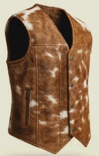 Men's Genuine Hair-On Cowhide Leather Vest Brown White Western Ranch Biker Waist