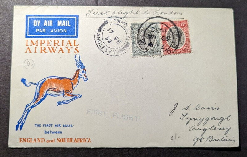 1932 British KUT Airmail First Flight Cover FFC Tynygongl to Anglesey England