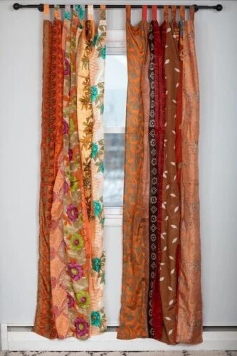 Indian Vintage Sari Patchwork Curtain Drape Window Decor Silk Orange Curtain