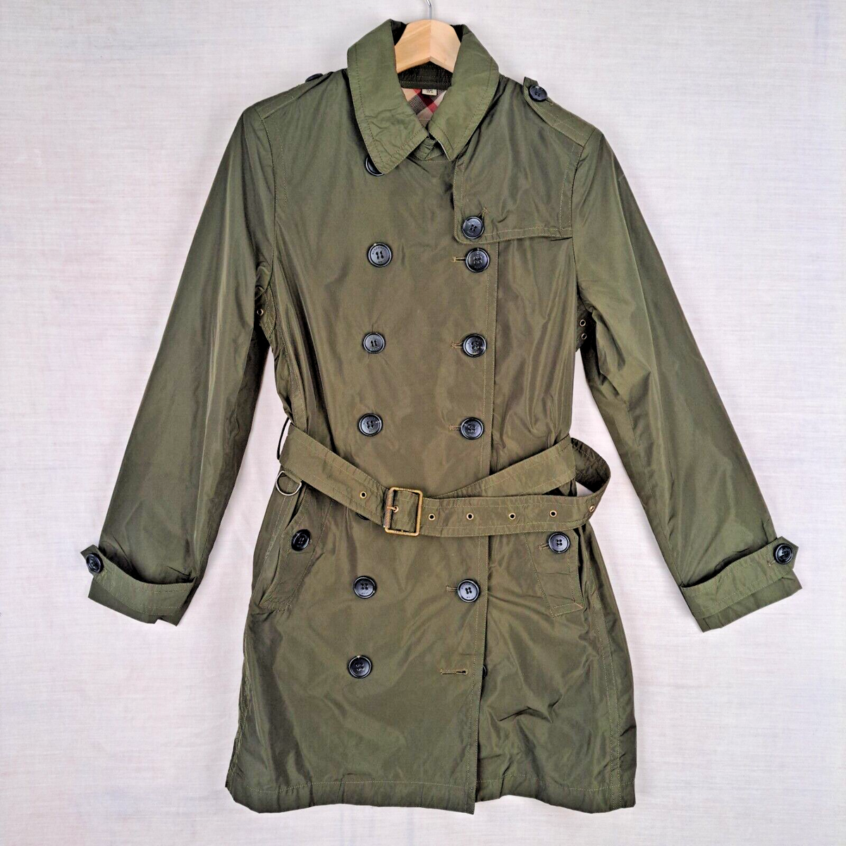 Burberry Brit Trench Coat UK8 Olive Green Double Breasted Balmoral