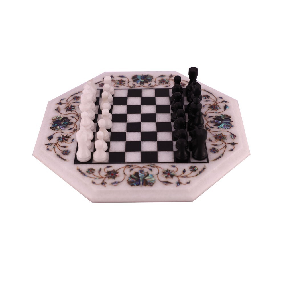 Octagonal White Marble Chess Table Top Inlay Pietra Dura Work