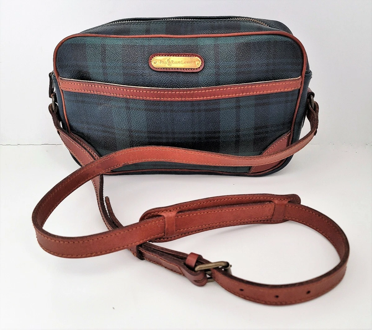 Polo Ralph Lauren Tartan Canvas/Leather Trim Crossbody Purse Bag