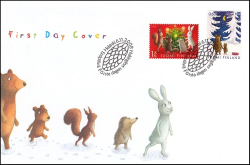 Teddy Bear Bunny Squirrel Hedgehog Christmas Tree Animal Fun Finland FDC 2008