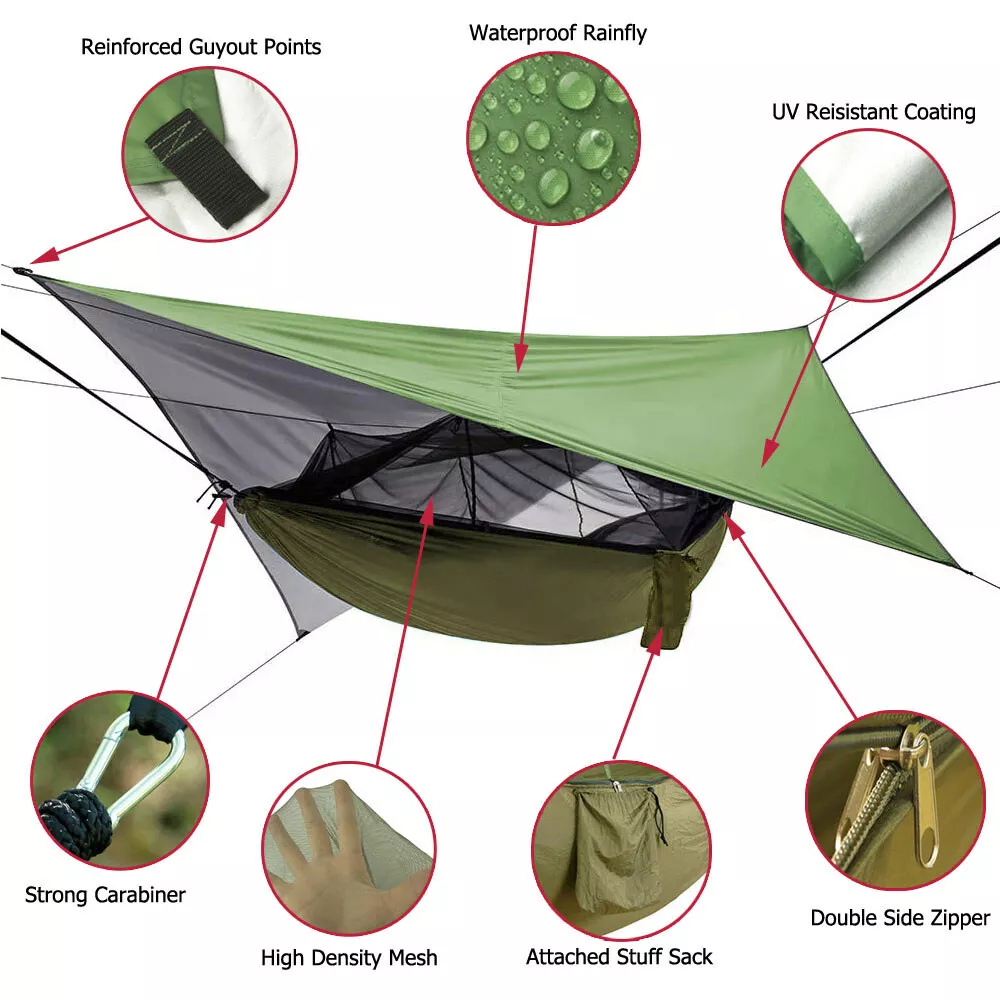Hammock with mosquito top net and rain fly