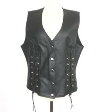 Vintage Leather Biker Vest Large L Womens Tied Lace Up Sides Metal Snaps Black