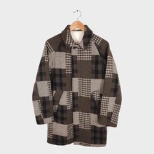 BEAMS PLUS Men's Khaki/Brown 100% Wool Patchwork Coat - Size S