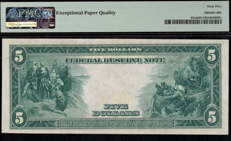 FR-851A 1914 $5 FRN NEW YORK P.M.G 65EPQ - Image 2 of 3