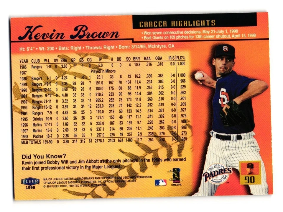1999 Ultra #90 Kevin Brown San Diego Padres Baseball Card - Image 2 of 2