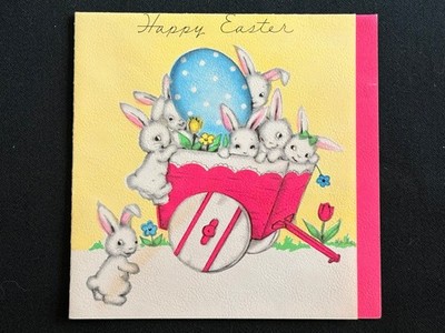Happy Easter Folded Greetings Card Baby Bunnies Egg Cart Hallmark Hall Bros 1940
