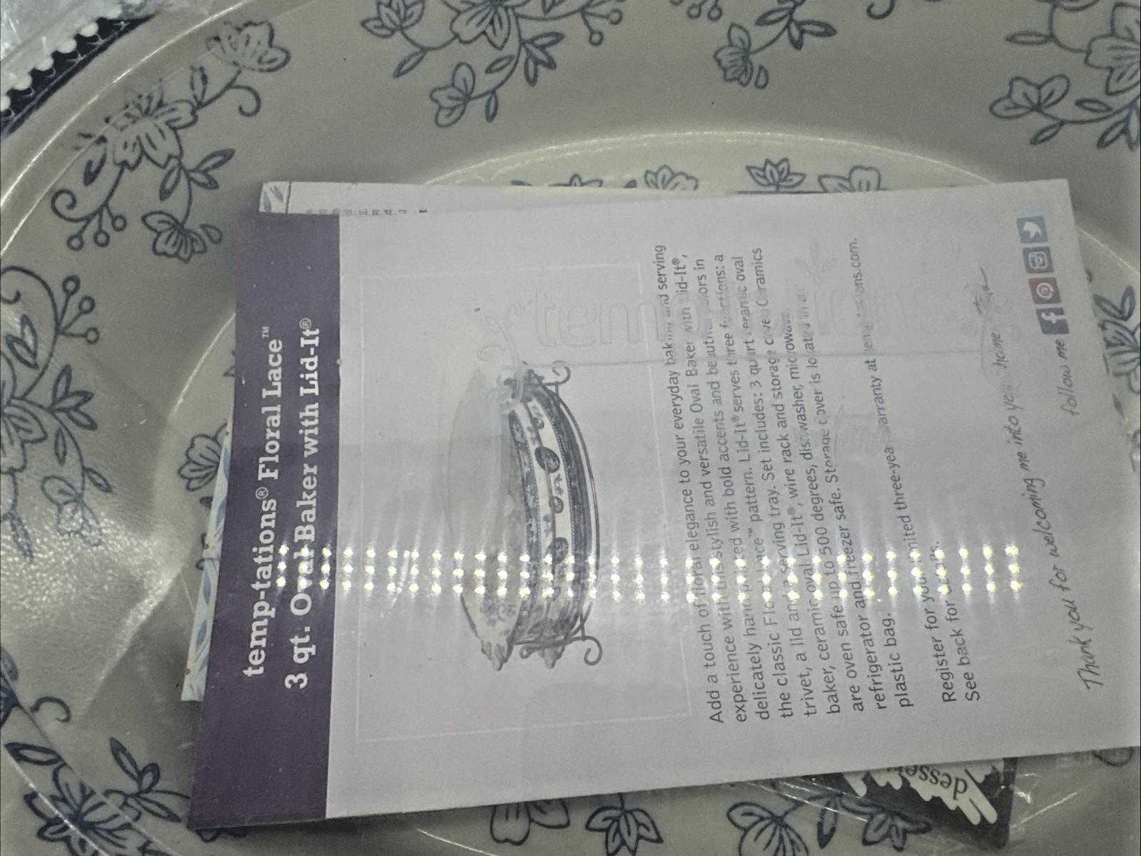 Temp-Tations Floral Lace Blue Oval Baker w/ Lid & Wire Rack 3Qt Set NEW