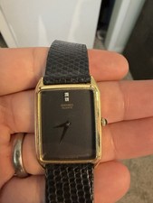 Seiko Mens Watch 25mm Black Gold Tone Diamonds Leather 5930-5409 Needs Battery