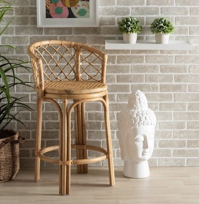 Baxton Studio Orchard Counter Stool Bohemian Natural Brown Rattan Counter Stool
