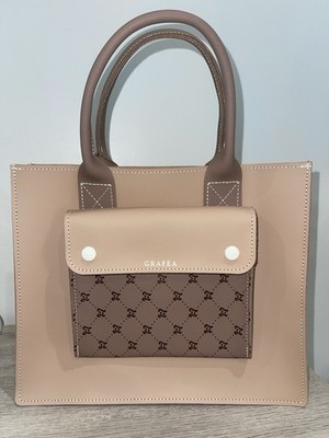 GRAFEA Beige Brown Monogram Tote Top Handle Bag 100% leather