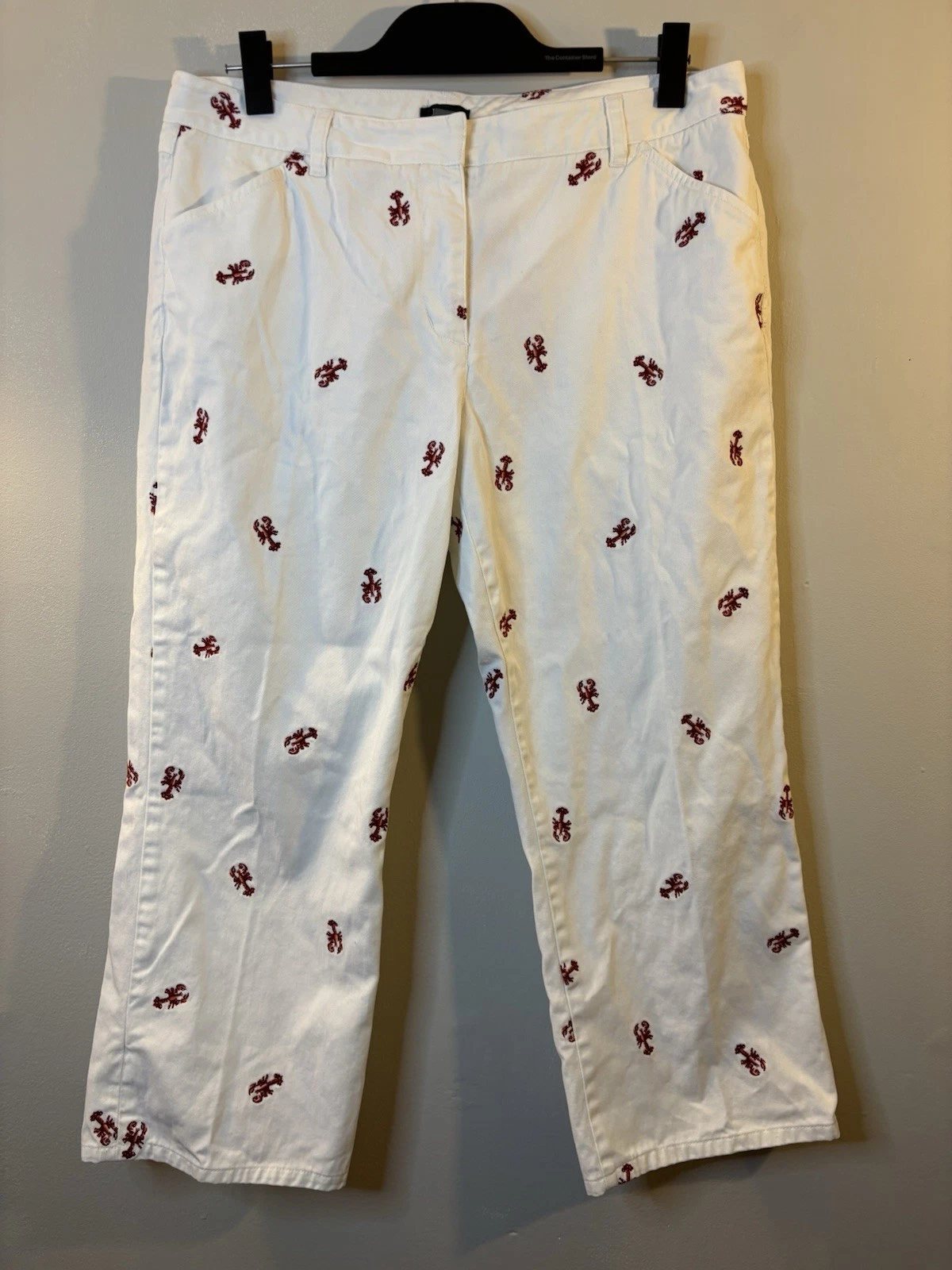 VTG J CREW White Lobster Embroidered Capri Pants 12 Favorite Fit Preppy Retro