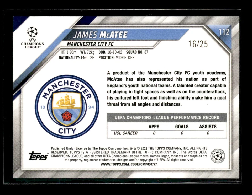 James McAtee 2021-22 Topps Jade Edition UEFA RC Orange 16/25 - Image 2 of 2