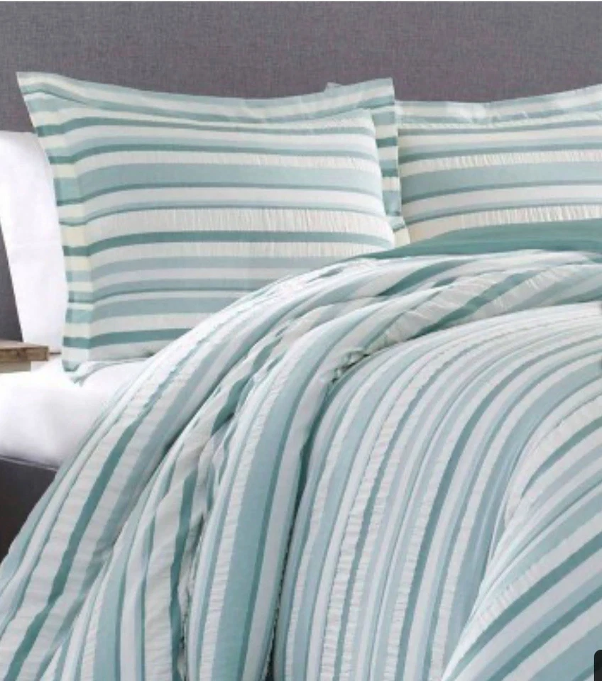 Tommy Bahama 3-Pcs Comforter Set Reversible Seersucker Cotton King Blue Striped - Image 2 of 4