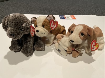 Ty Beanie Babies Lot Of 4 Dogs Collection Frisbee, Tracker, Wrinkles, Huggins