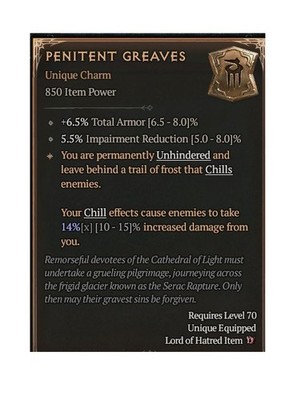 Diablo 4 Season 14 Penitent Greaves Unique Charm 14% Talisman Gear Equipment