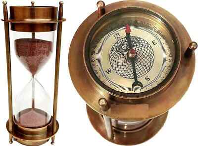 Vintage Nautical Hourglass With Bottom Compass Brass Finish Sand Timer For Decor
