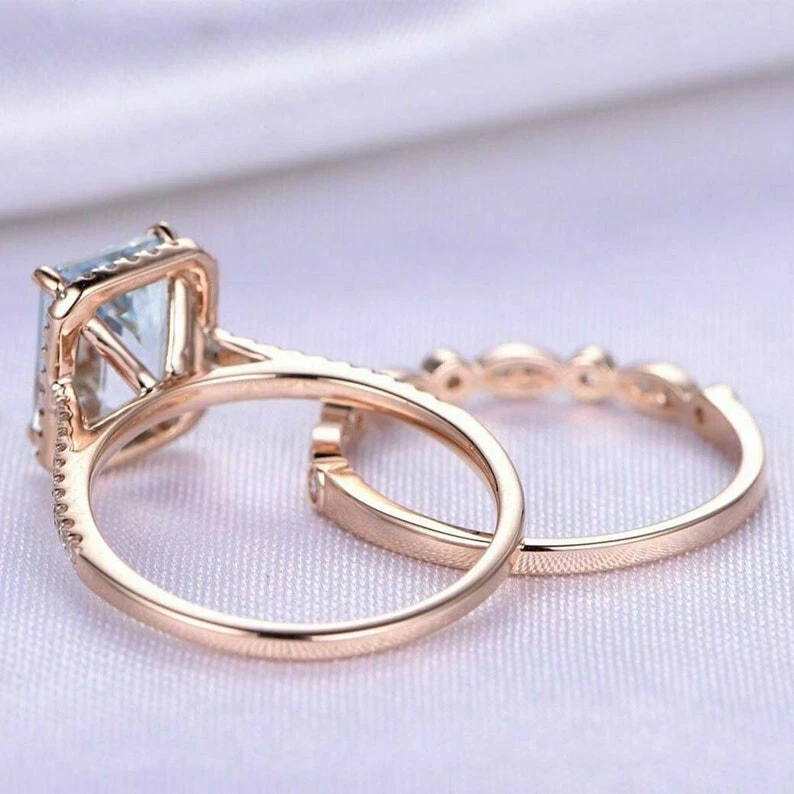 Juego de anillos de boda vintage de plata enchapados en oro rosa aguamarina natural corte esmeralda Foto 2 de 4