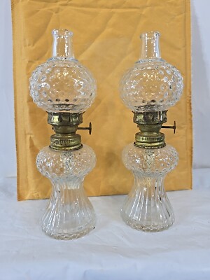 2 - Vtg. Small Glass Oil Lamp Table Lantern Christmas Farmhouse Decor w/Chimney