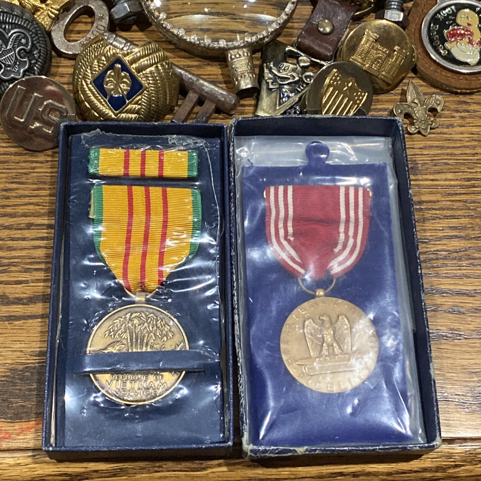 VTG Junk Drawer Lot Military Jewelry Zippos Boy Scouts Interesting