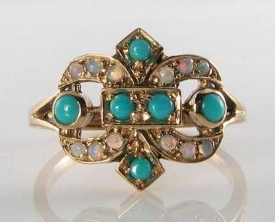 RING 9 KARAT 9 KARAT GOLD PERSISCHER TÜRKIS OPAL CLUSTER ART DECO INS KOSTENLOSE GRÖSSE ANPASSUNG