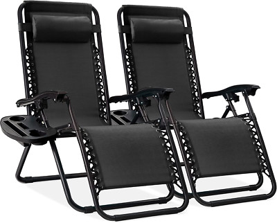 Set of 2 Adjustable Steel Mesh Zero Gravity Lounge Chair Recliners W/Pillows and