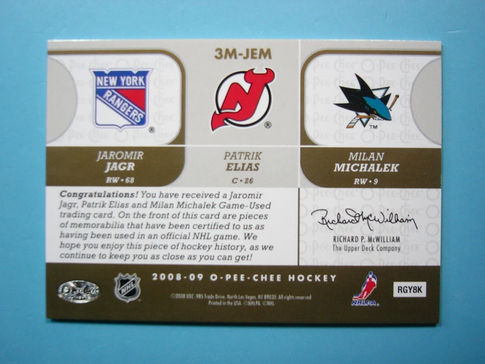 Tarjeta de hockey 2008/09 O-PEE-CHEE TRIPLE MATERIALS 3M-JEM JAROMIR JAGR P. ELIAS OPC Foto 2 de 2