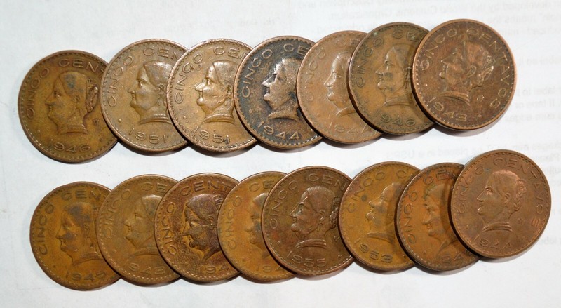 MEXICO lot D 1943 - 1955 UNSEARCHED  CINCO CENTAVOS vintage large world 15 coins