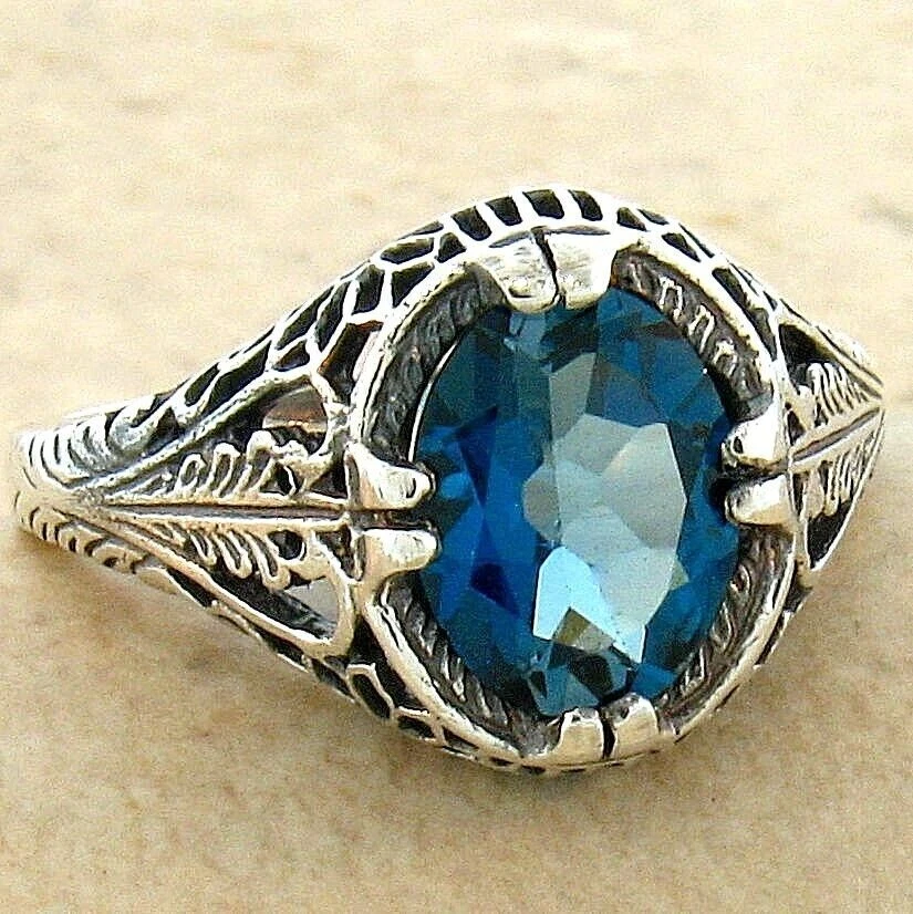 GENUINE 2.2 CT LONDON BLUE TOPAZ 925 STERLING SILVER ANTIQUE STYLE RING #720 - Image 4 of 4