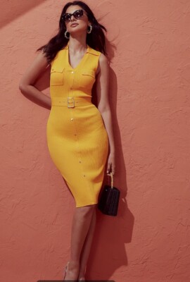 NY&C New York & Company Womens L Sleeveless Dark Yellow Belted Sweater Dress