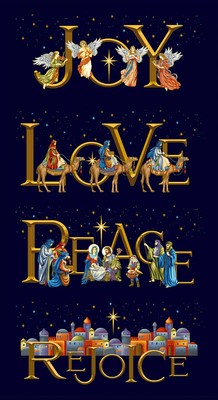 Silent Night Midnight JOY Religious Christmas Fabric 23&quot; x 42&quot; Panel