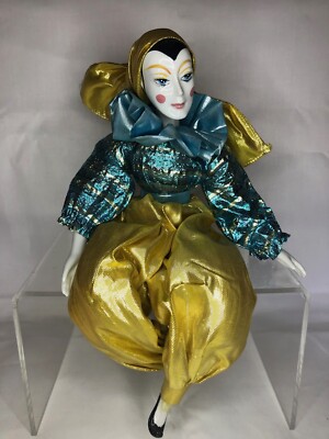 Harlequin Pierrot Porzellan Gold Blau 45cm venezianisch Karneval Modepuppe 