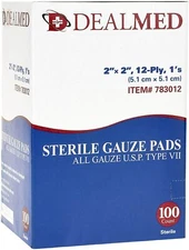 Dealmed Sterile Gauze Pad Sponges Dressing 2" x 2" 12 Ply Singles - 100 Count
