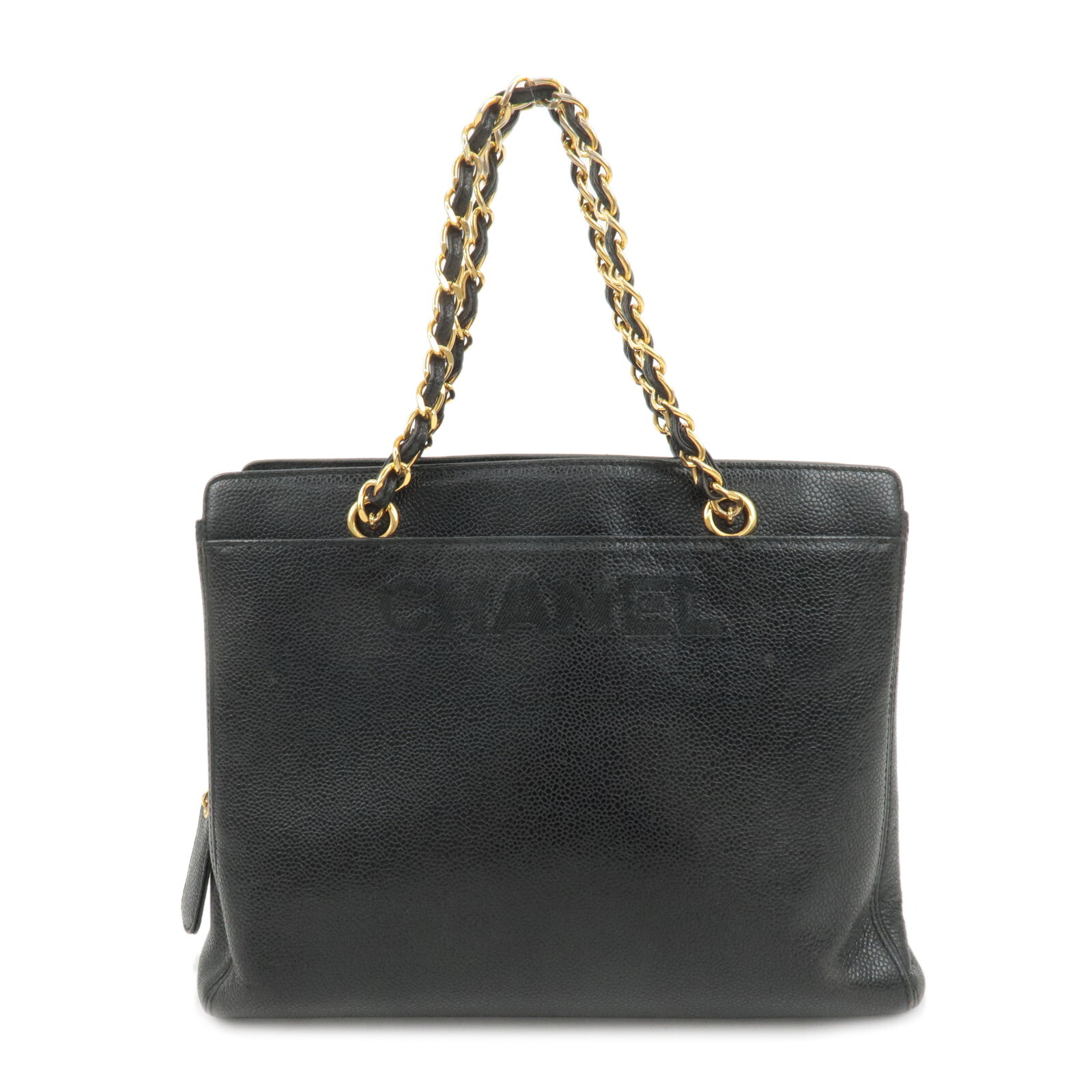 Authentic CHANEL Caviar Skin Chain Tote Bag Black Gold Used F/S-image