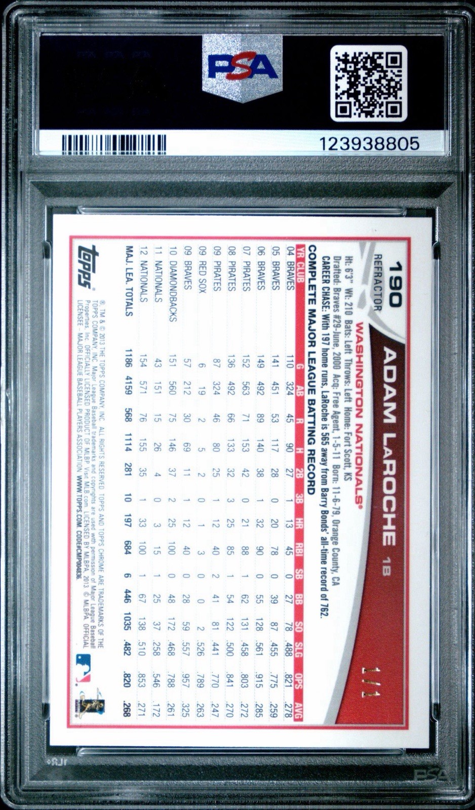 Adam Laroche 2013 Topps Chrome SUPERFRACTOR 1/1 PSA 10 GEM MINT True 1 OF 1 view 2