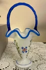 Fenton Glass Blue Crest W Brown Green Florals Milk Glass 10 1/2" Basket *Signed