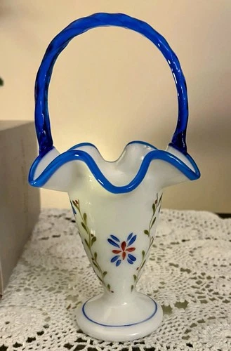 Fenton Glass Blue Crest W Brown Green Florals Milk Glass 10 1/2" Basket *Signed
