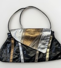 VTG Patchwork Leather Shoulder Bag Black Gold Silver Boho 80s Style Clutch Purse