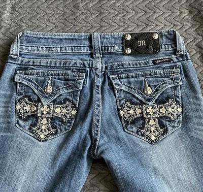 Vintage Y2K Miss Me Women s Medium Wash Blue Straight Leg Jeans with Crosses!