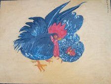 PEINTURE HUILE SUR PANNEAU COQ ET POULE