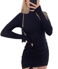 ECDAHICC Women's Sexy Long Sleeve High Neck Ruched Bodycon Small, Black 