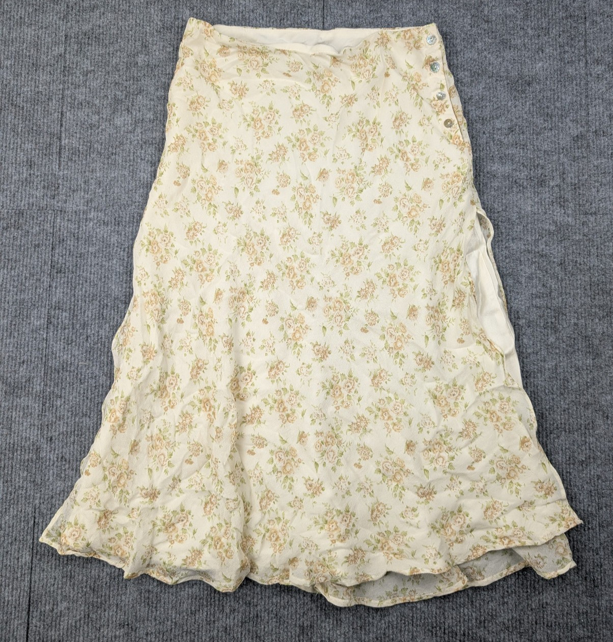 Vintage Silk Midi Skirt Womens 0 Floral Romantic Y2K Cottage Romantic 90s Button