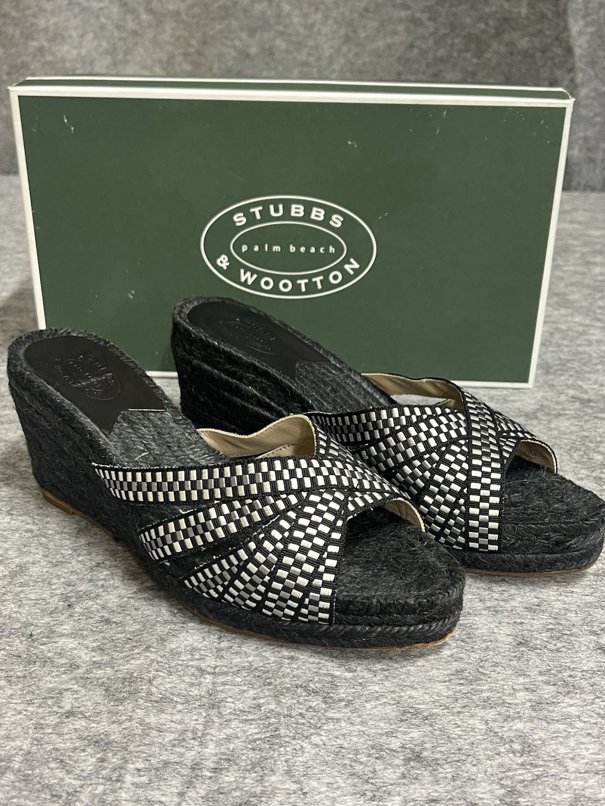 Stubbs Wooton Sandals Womens 7 Check Noir Kelly Espadrilles Wedges Rib Open Toe