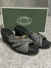 Stubbs Wooton Sandals Womens 7 Check Noir Kelly Espadrilles Wedges Rib Open Toe