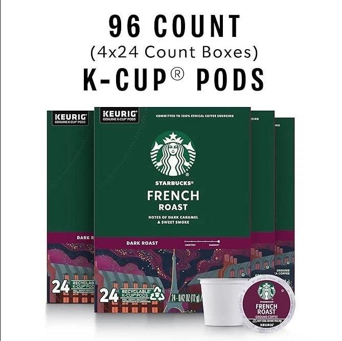 Starbucks K-Cup Coffee Pod, Dark Roast Hot or Iced Coffee French Roast 96 Keurig