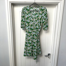 Arket Dress Women's UK 8 Green Floral Wrap Tie Up Short Sleeved Midi Fit & Flare